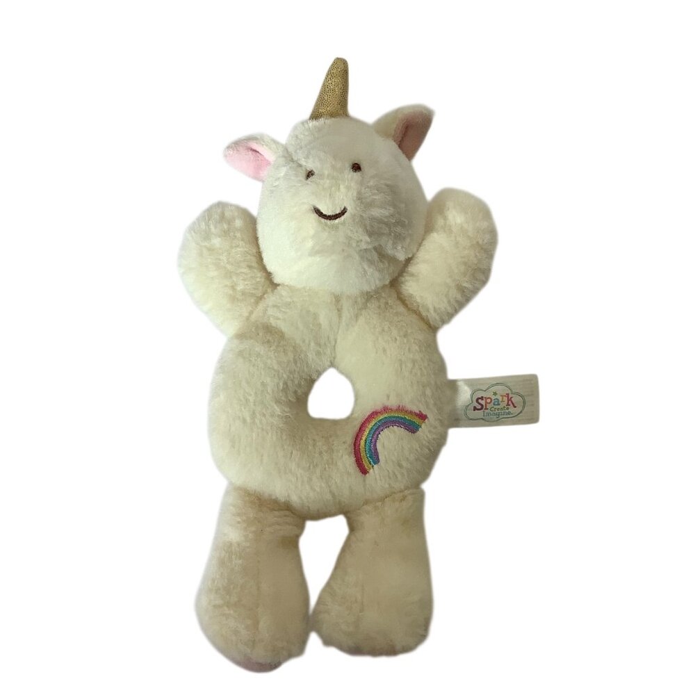 Spark Create Imagine White Plush Unicorn Baby Rattle Toy‎ Rainbow Gold Horn 9"
